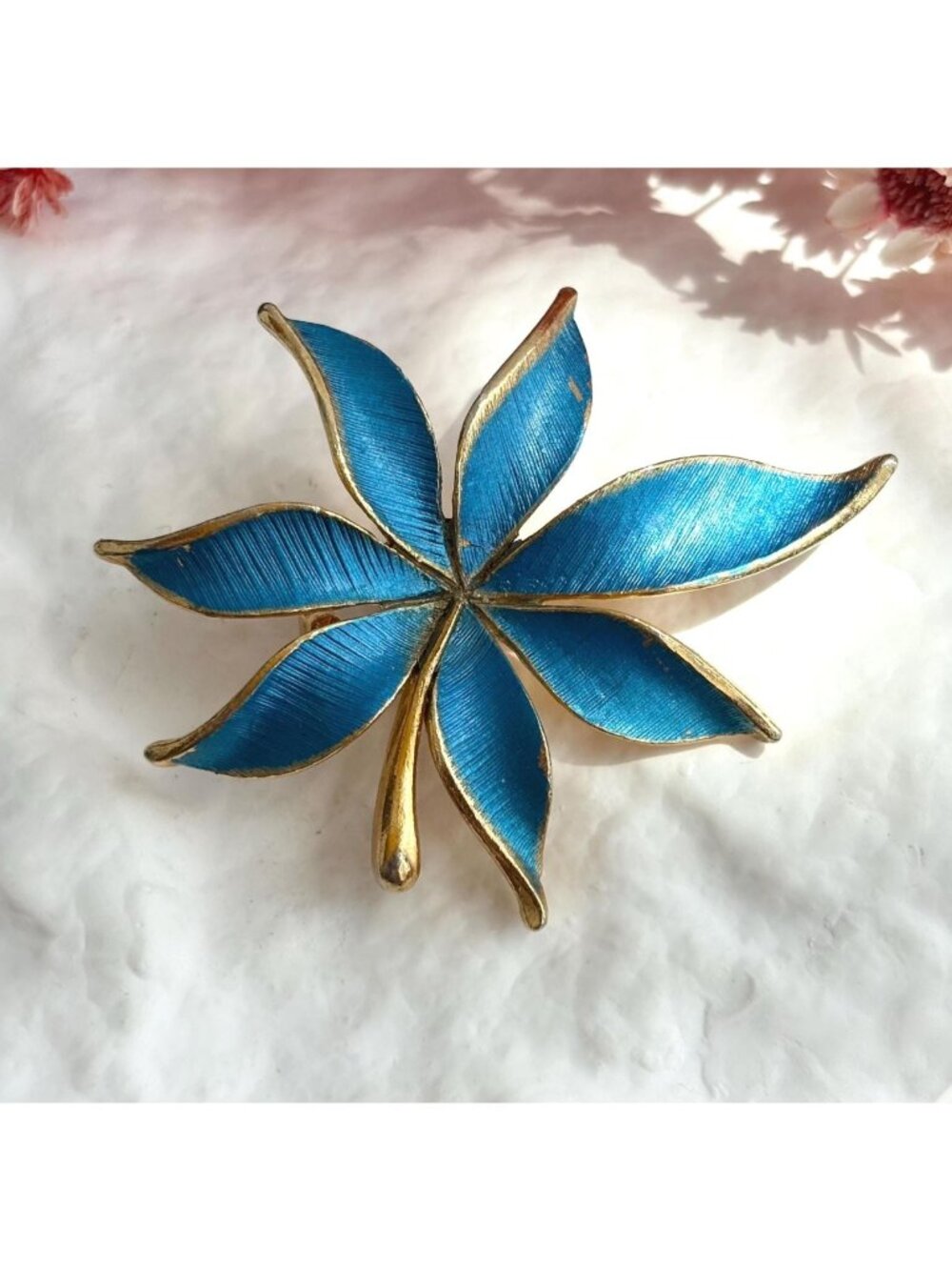 JJ Signed Bright Blue Floral Gold Toned Rhinestone Vintage Handmade Brooch